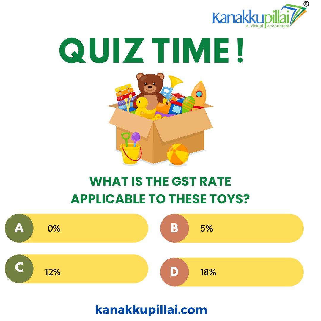 Attention tax enthusiasts! 👀 It's Quiz Time Can you guess the GST rate on these toys? 🧸 Share your answers in the comments 💭and let's see who's got their tax knowledge game strong💪🏼
#QuizTime #GSTRate #gstrateupdate #GSTRateMystery #toys #toylovers #ToyTales
#Kanakkupillai