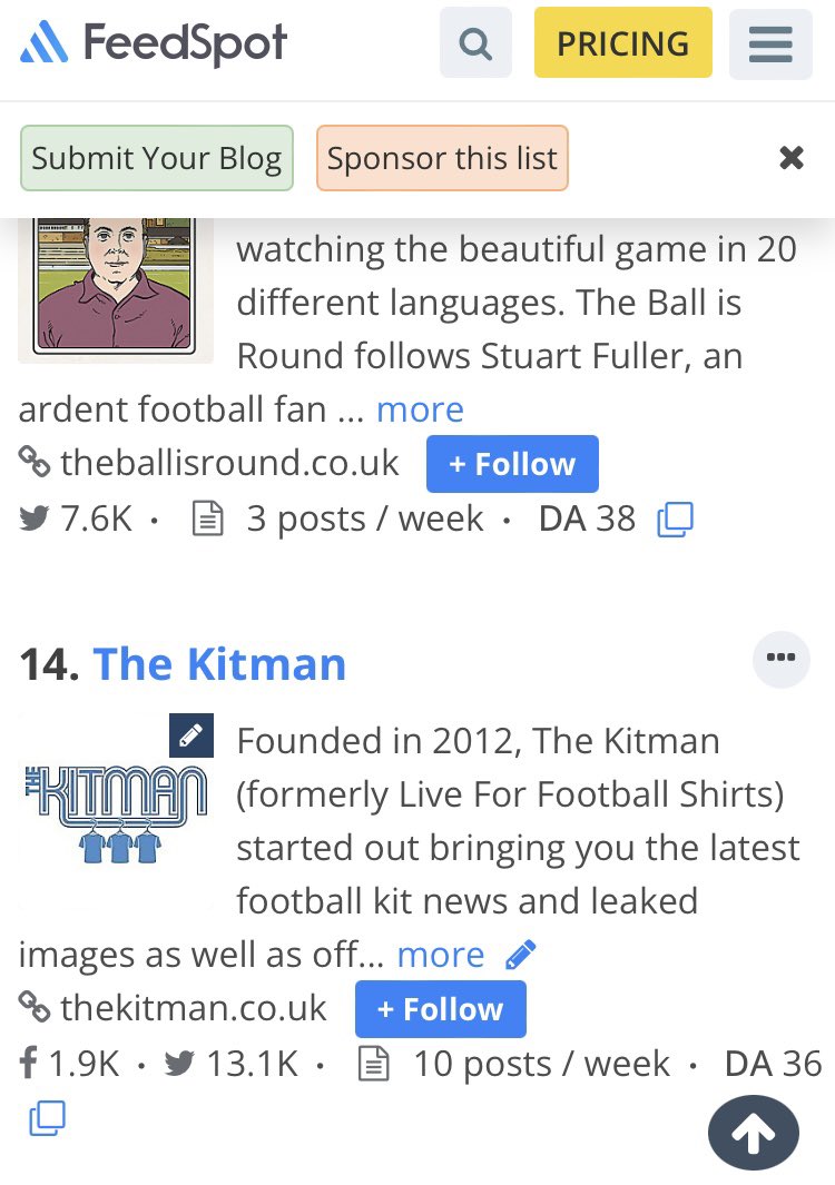 TheKitmanUK's tweet image. Just received an email from
@_feedspot that The Kitman is in the top 4️⃣5️⃣ UK Football Blogs! 😮 

Number 1️⃣4️⃣ to be exact! 🤗

Well chuffed with that!

Thanks to all our followers for supporting us and reading our #kitnews. 🙏🏻🗞️

#TheKitman 👕

#FootballBlog #SoccerBlog #Feedspot
