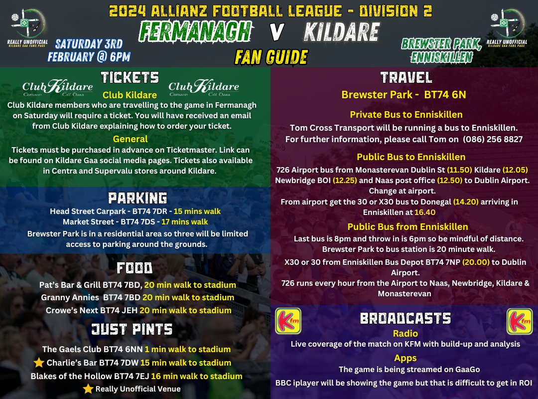 KildareFan2025's tweet image. 𝐊𝐢𝐥𝐝𝐚𝐫𝐞 𝐯 𝐅𝐞𝐫𝐦𝐚𝐧𝐚𝐠𝐡 - 𝐅𝐚𝐧 𝐆𝐮𝐢𝐝𝐞
A little guide for those travelling to or thinking of travelling to the game on Saturday. Hopefully, it will be of some use. @KfmSport @LilliesLivinPod @DaraghNolan3