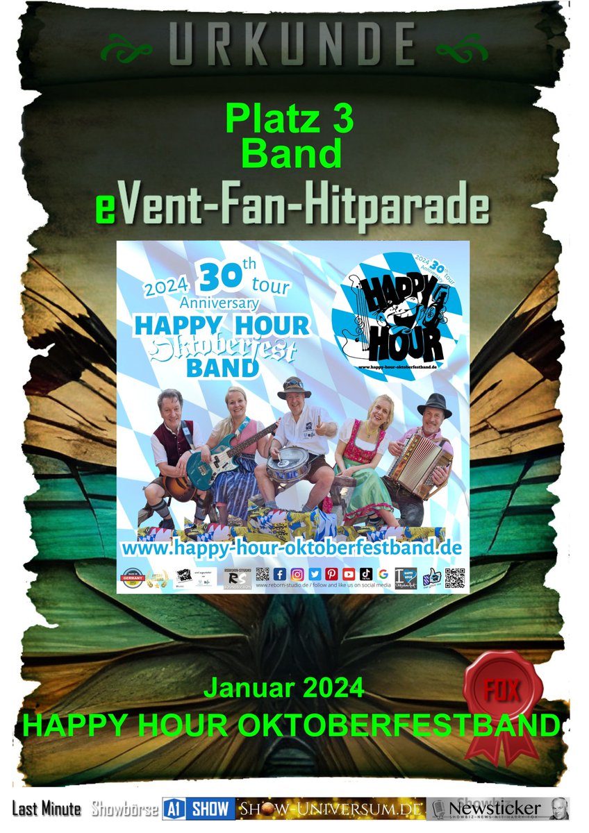 THANK Y'ALL very much for voting us #3 BAND at EVENT-FAN-HITPARADE January 2024 last-minute-showboerse.de/kuenstler/happ… It is always a special pleasure for us to be honored directly by our fans and friends! 🥰🤘👍🍻🎼 #happyhourpartyband #happyhouroktoberfestband #thankyou #thx