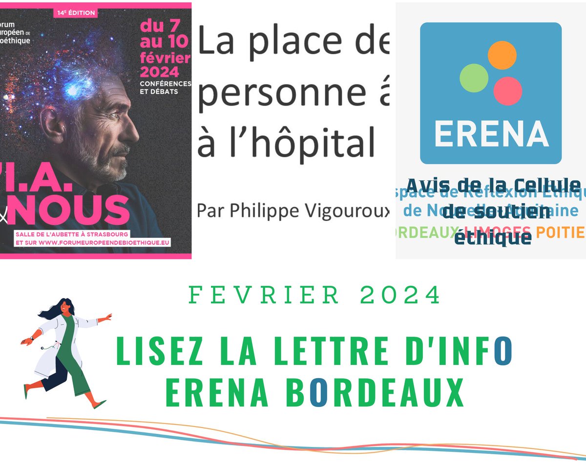 #Newsletter Lisez la Lettre d'info <a href="/ErenaBordeaux/">Espace Éthique ERENA Bordeaux</a> de Février 2024 !

Au sommaire :
La lettre sur la place de la personne âgée à l’hôpital de P. Vigouroux
Un avis du 21/12/23 de la cellule de soutien #éthique #ERENA
Le <a href="/FEBioethique/">FEBioéthique</a> qui début le 07/02

🧐👇
bit.ly/3w1bVq8