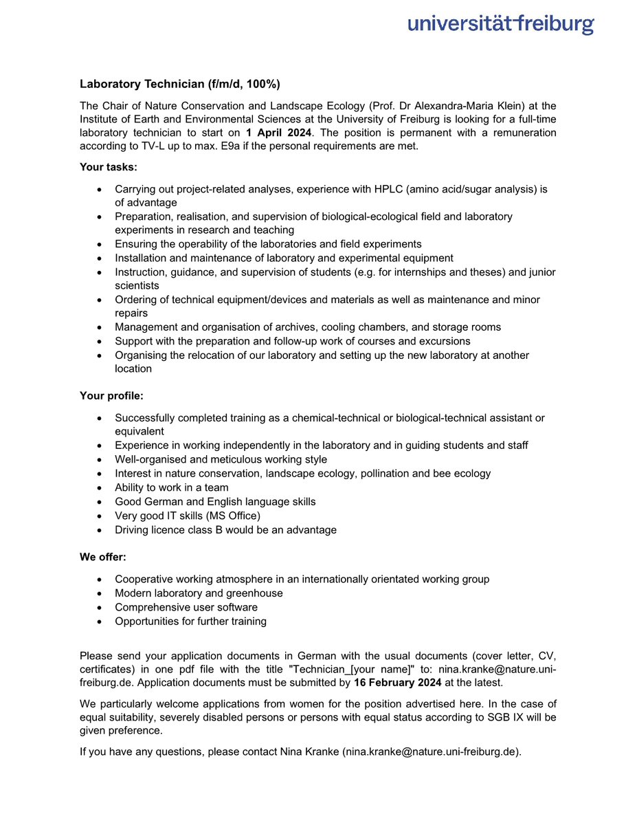 We are hiring a lab technician with interest in nature conservation and pollination ecology. It's a permanent position in a nice working environment <a href="/UniFreiburg/">Universität Freiburg</a> #career #jobs #ecology
nature.uni-freiburg.de/Open%20Pos/Ope…