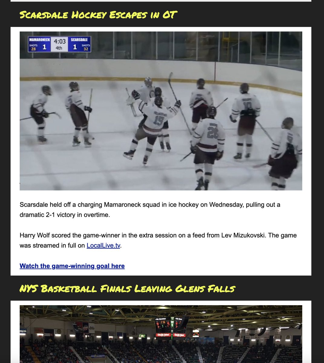 Today's GameDay One Newsletter never got sent out this morning (weird glitch with the provider that I'm working to fix). 

But you can view the days news all here. Headlined by <a href="/TZhoops/">TZ Boys Basketball</a> <a href="/ScarsdalePuck/">Scarsdale Ice Hockey</a> and NYSPHSAA moving basketball out of Glens Falls:

kdjblog.com/?mailpoet_rout…