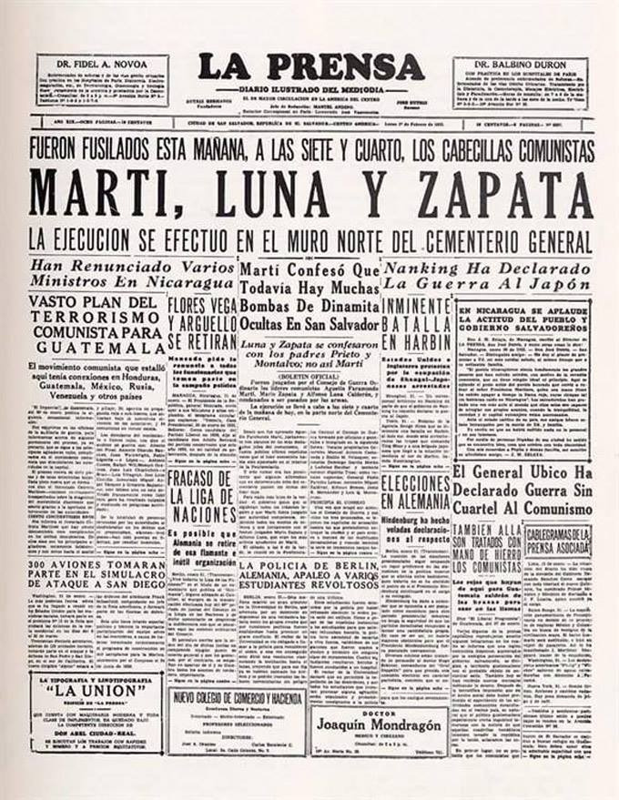 01/02/1932. Luego de un juicio sumario, son fusilados los dirigentes comunistas Farabundo Martí, Alfonso Luna y Mario Zapata.
