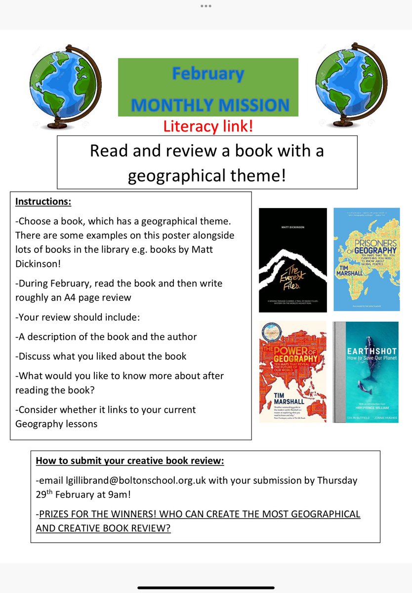 BSGDGeography's tweet photo. Introducing February’s monthly mission and launch of the Earthshot project! Winners of January’s monthly mission to be announced shortly🌎 @BoltonSch @LynneDKyle @BSGDEnglish @BSGDLowerSchool @Philip_Britton @BsbdEco @_NaomiLord @BSPDJnrBoys @winstanley_mrs https://t.co/LFyTHAnkLq