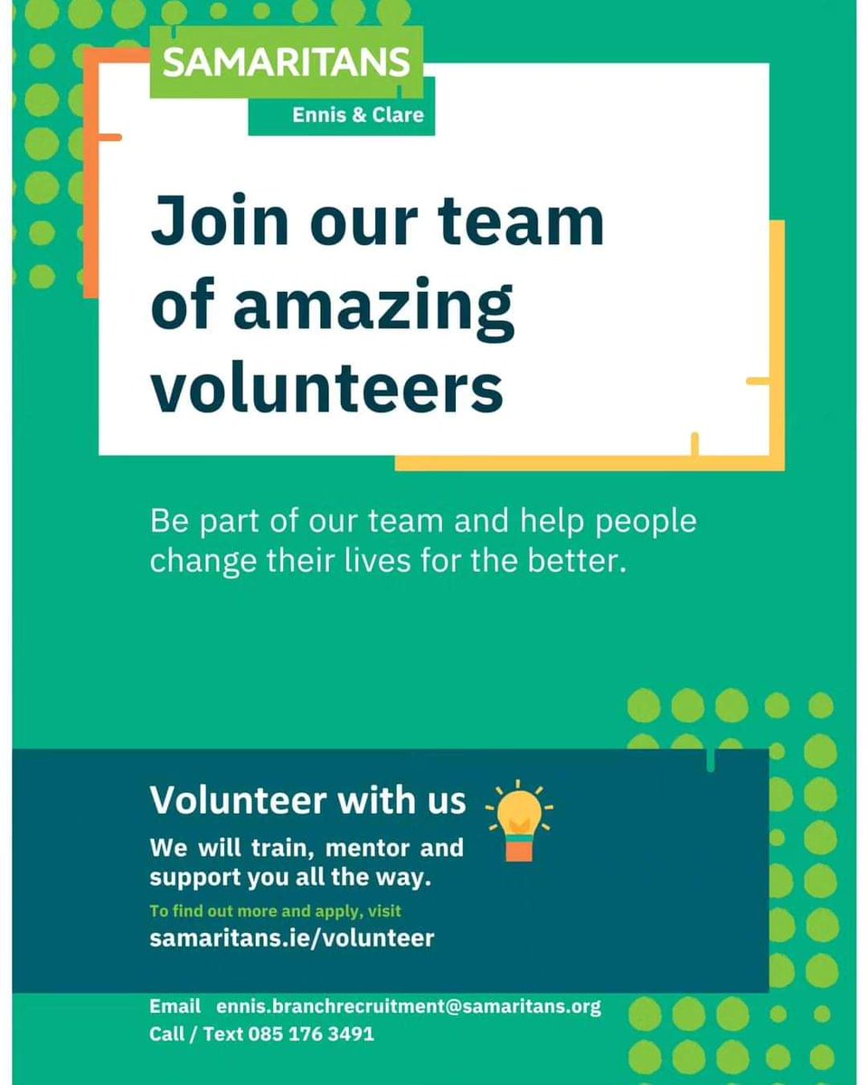 💚 We are currently recruiting for new listening volunteers to join our next training session.
If interested, call 085 176 3491 or e-mail ennis.branchrecruitment@samaritans.org 💚