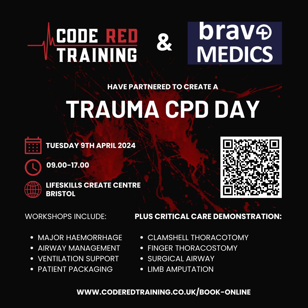 ARE YOU TRAUMA READY?

We have two exciting training opportunities coming up in #Bristol: 

🚨RTACC &amp; Trauma CPD Day (delivered with <a href="/Bravomedics/">Bravo Medics</a>) 🚨

10% discount for students, emergency services &amp; previous Code Red candidates for CPD Day - use TRAUMA10

coderedtraining.co.uk/book-online