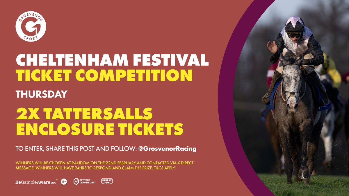 Who doesn't love St Patrick's Day?

Here's your chance to 𝐖𝐈𝐍 a pair of tickets to Day 3 of the #CheltenhamFestival! 🎟️

To enter:

✅ FOLLOW <a href="/GrosvenorRacing/">Grosvenor Racing</a> 
🔁 SHARE this post 

Terms apply.