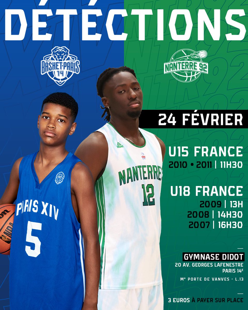 🚨🏀 DÉTECTIONS 🏀🚨

<a href="/Nanterre92/">Nanterre 92</a> et le <a href="/BasketParis14/">BasketParis14</a> vous donnent rendez-vous le 24 Février au gymnase Didot (Paris, 14e) pour des détections U15 et U18 France. 🇫🇷 

La participation à cette journée est payante, au prix de 3€, à régler sur place.