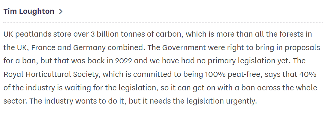 🔖 The govt has promised a new law to stop precious peatlands being dug up for compost 🪴 This is damaging nature. Alternatives exist 🙏 @timloughton for keeping this in the spotlight and @JimShannonMP and @tobyperkinsmp for their support ⏰Time to act hansard.parliament.uk/commons/2024-0…
