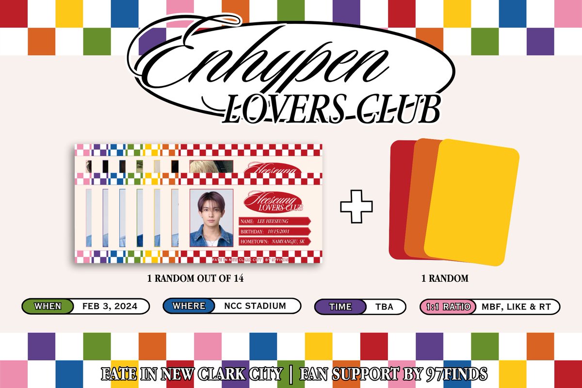 97finds's tweet photo. ಇ. enhypen fate in new clark city.𖥔 ݁ ˖

જ⁀➴ #ENHYPEN Lovers Club — fan support by @97finds .ᐟ

ϟ mbf, like, &amp; rt
ϟ strictly 1:1, trades dm!
ϟ feb 3, 2024, time tba

see you at #FATE_IN_NEWCLARKCITY! 🌈

#엔하히픈 #JUNGWON #HEESEUNG #JAY #JAKE #SUNGHOON #SUNOO #NI_KI https://t.co/p5QeXjfs2z
