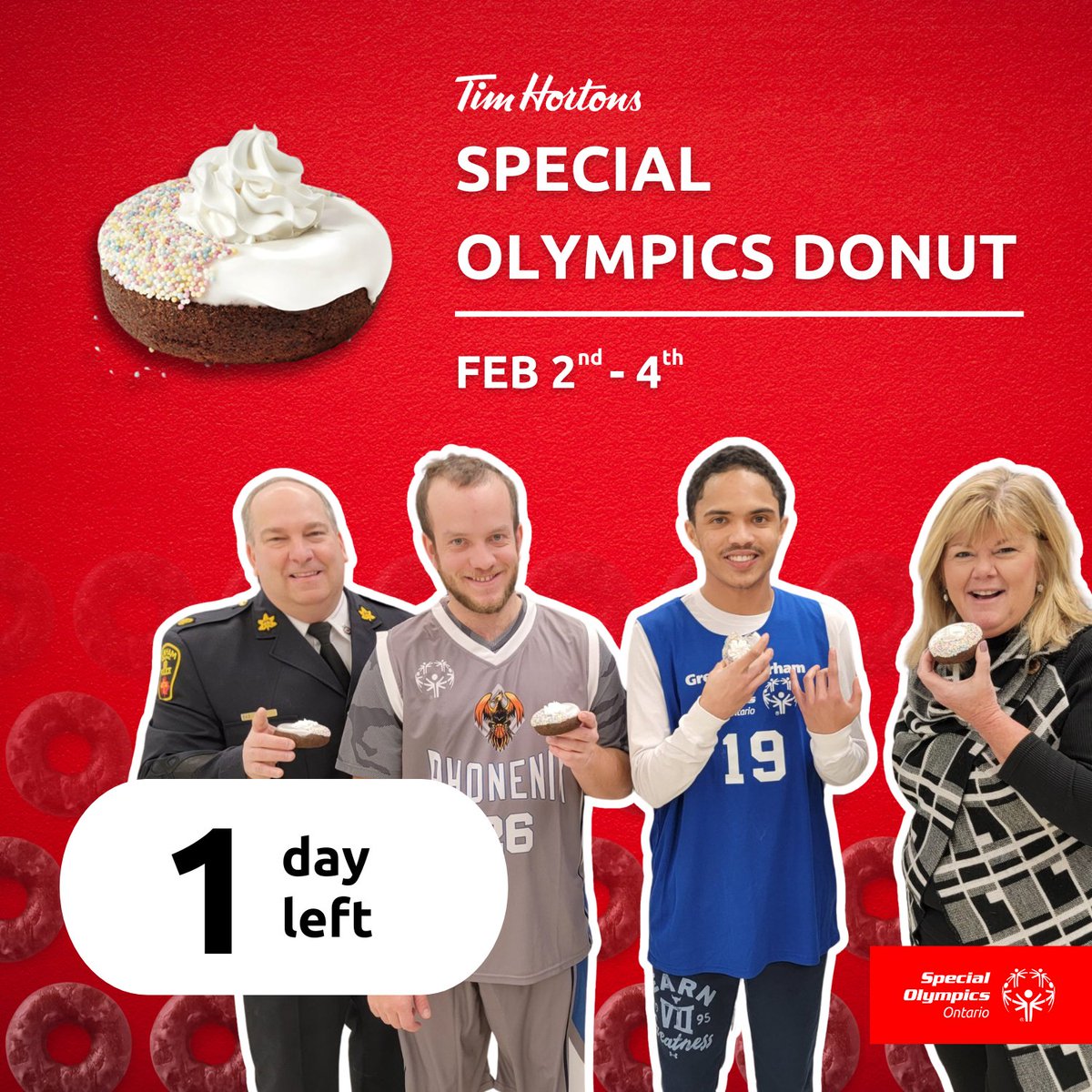Only 1 day left before you can enjoy a Special Olympics Donut! Capture photos of your donut purchase for a chance to win one of five $20 Tim Hortons Gift Cards! For contest details and more info please visit soontar.io/2024-Tims.