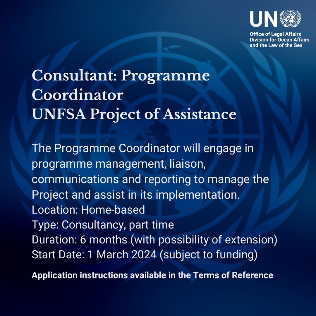 We are hiring a Programme Coordinator consultant for the Project of Assistance to Strengthen Participation in and Implementation of the United Nations Fish Stocks Agreement. Application deadline: 7 February 2024. For more details, and to apply, visit: careers.un.org/jobSearchDescr…