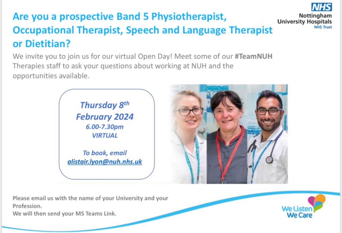 Physiotherapist, Occupational Therapist, Dietitian or Speech &amp; Language Therapist? Are you considering applying for a Band  5 position at NUH ? 
Register and join us on Thursday 8th February for our open day! We would love to see you and give you opportunity to talk to our team!