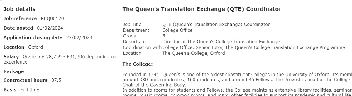 Come and work with us! We're looking for a FT Coordinator to join the Translation Exchange @QueensCollegeOx, working very closely with our Director @charlotteryland. This is a new role - make it your own! Full info here: ce0504li.webitrent.com/ce0504li_webre…