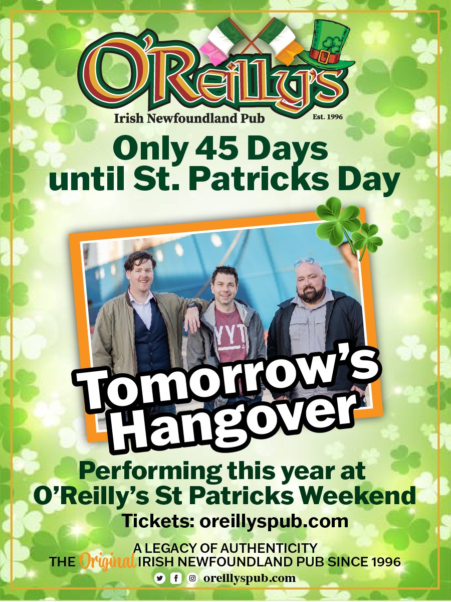 45 Days until St. Patrick's Day!🎉

O'Reilly's Annual Brunch: locarius.io/events/342/ore…
St. Patricks Day Annual Breakfast: locarius.io/events/340/ore…

#45days #stpatricksdaycountdown #countdown #getyourtickets #breakfast #brunch #theoriginalirishnewfoundlandpub #georgestreet