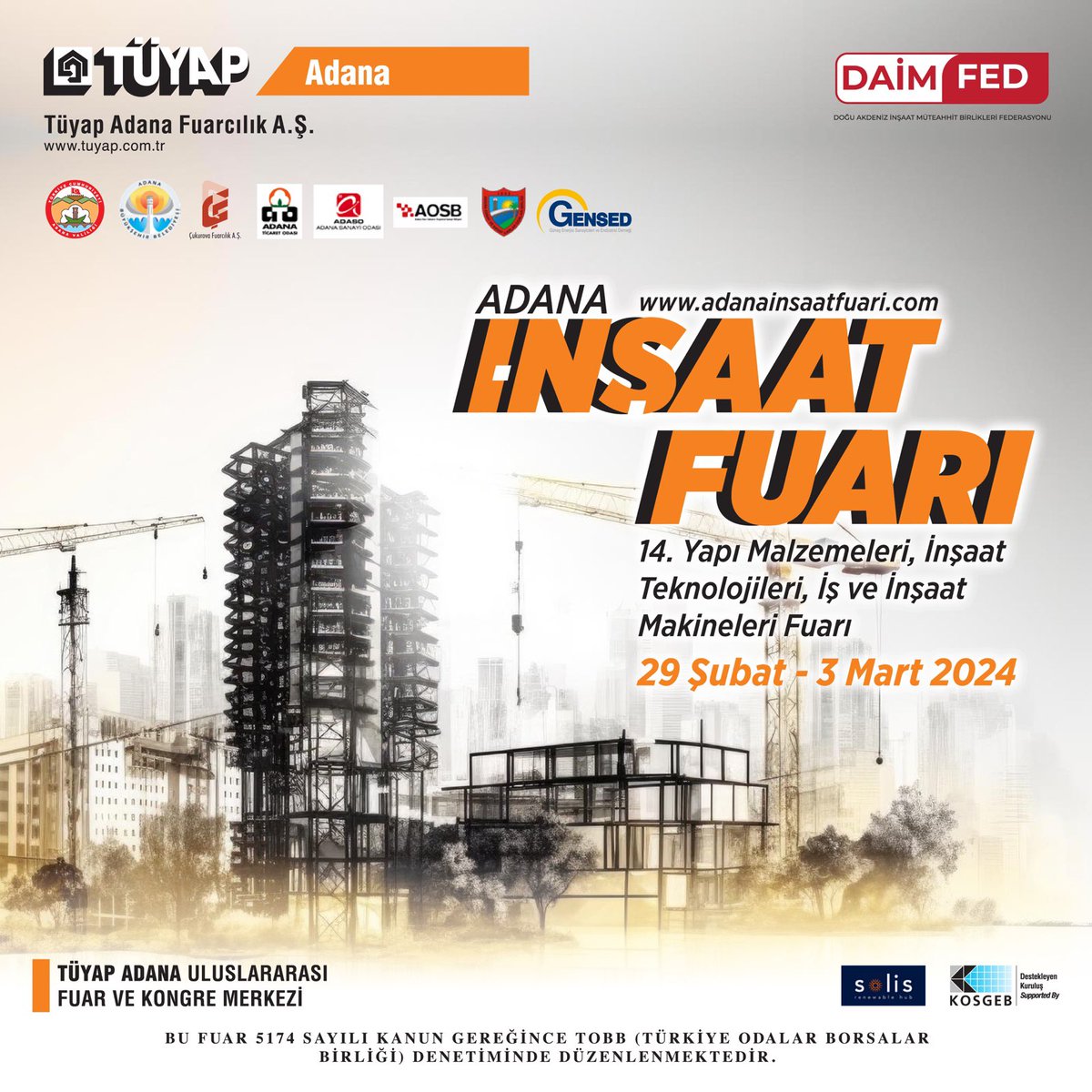 14. Adana İnşaat Fuarı, 13. Adana IHS Fuarı ve Güneş Enerji Sistemleri Özel Bölümü 29 Şubat- 3 Mart 2024 tarihleri arasında TÜYAP Adana Fuar ve Kongre Merkezi’nde gerçekleşecektir. Bölgenin yeniden yapılanmasında önemli bir rol üstlenecek Fuar’da, İnşaat Zirvesi de gerçekleşecek.