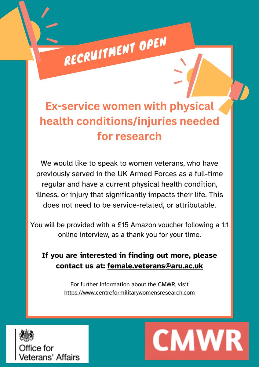 📢Recruitment Call 📢

The #CMWR is looking to talk to UK ex-servicewomen who have a current physical health condition, illness, or injury that significantly impacts their lives. 

Email female.veterans@aru.ac.uk to find out more info and ask any questions about taking part 😊