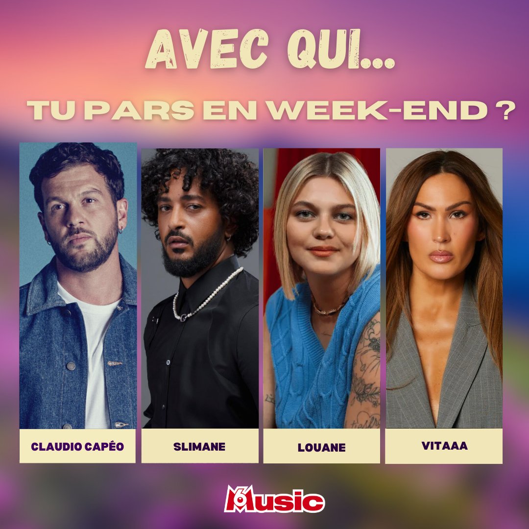 M6MusicOfficiel's tweet photo. AVEC QUI TU PARS EN WEEK-END ?
😍 @claudiocapeo @slimane @louane @vitaa #weekend #avecqui #m6music https://t.co/YltEW25tT3