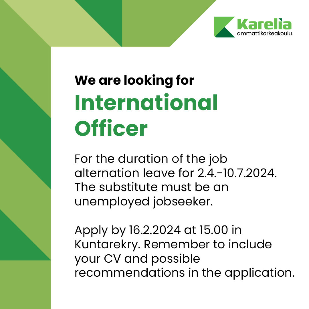 We are looking for International Officer for the duration of the job alternation leave for 2.4.-10.7.2024. Apply by 16.2.2024 at 15.00 in Kuntarekry: kuntarekry.fi/fi/tyopaikat/i… 👈