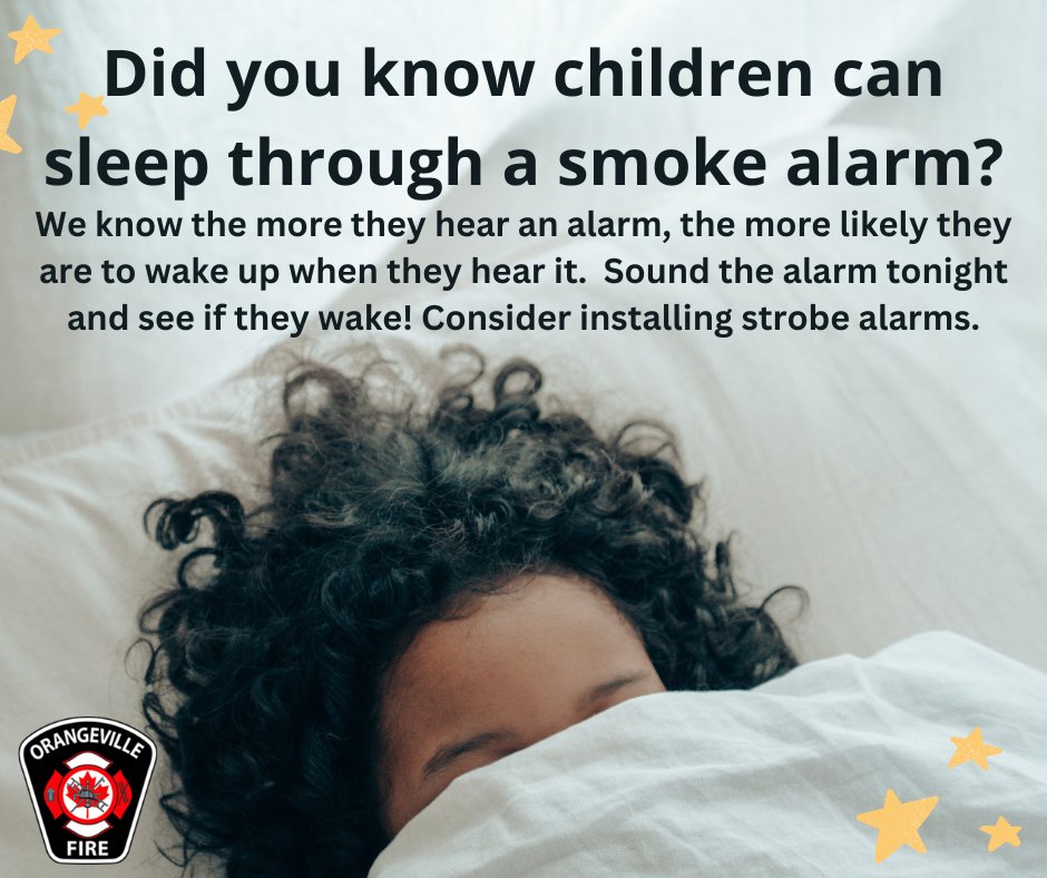 OrangevilleFire's tweet photo. Would your kids wake for the alarm tonight? Strobe alarms have bright flashing lights when the alarm is activated by smoke/CO. These lights are so bright we hope they will wake children who sleep so deeply they may not wake for a sounding alarm. #EarlyWarning #SleepSafe https://t.co/JX5Mg2YdYX