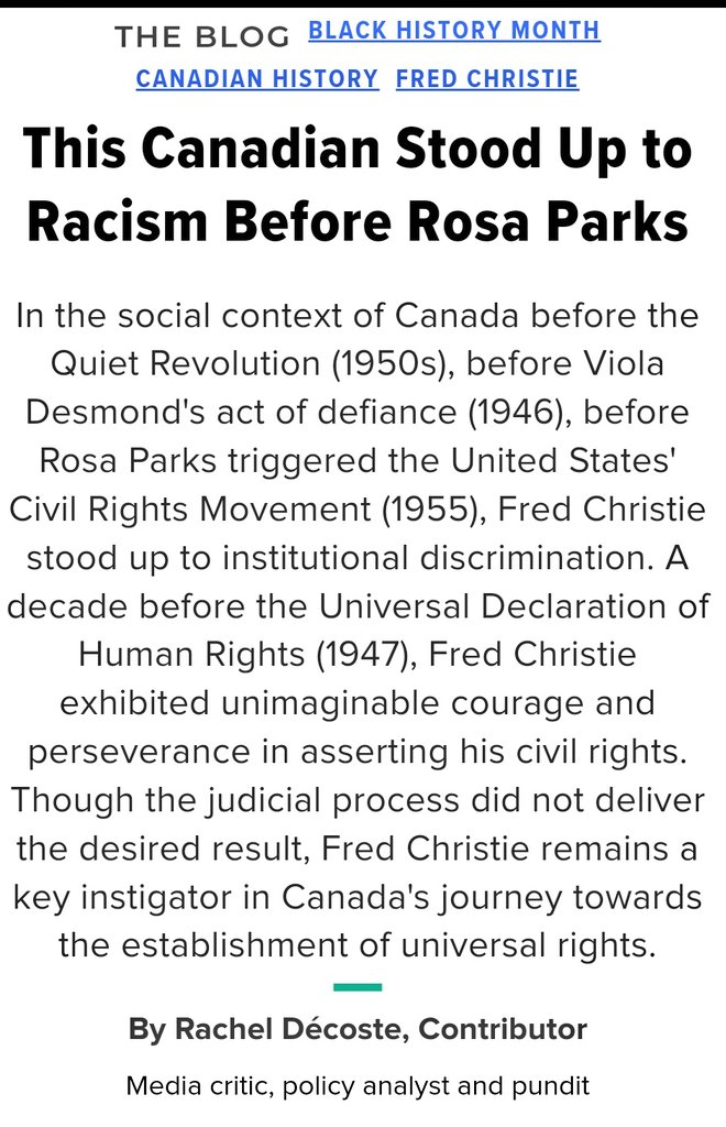Rachel_Decoste's tweet photo. Fred Christie went all the way to the Supreme Court of Canada | Cour suprême du Canada to ask to be treated humanely despite being Black. The SCC said "negroes have no rights". 1936.
Then QC changed the law to make it clearer, but we still didn't have full rights. 1/4 #cdnbhm https://t.co/C63PaCBfsz