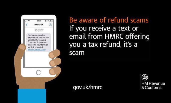 Be aware of refund scams. Genuine organisations such as banks and @HMRCgovuk will never contact you out of the blue to ask for your PIN, password or bank details.