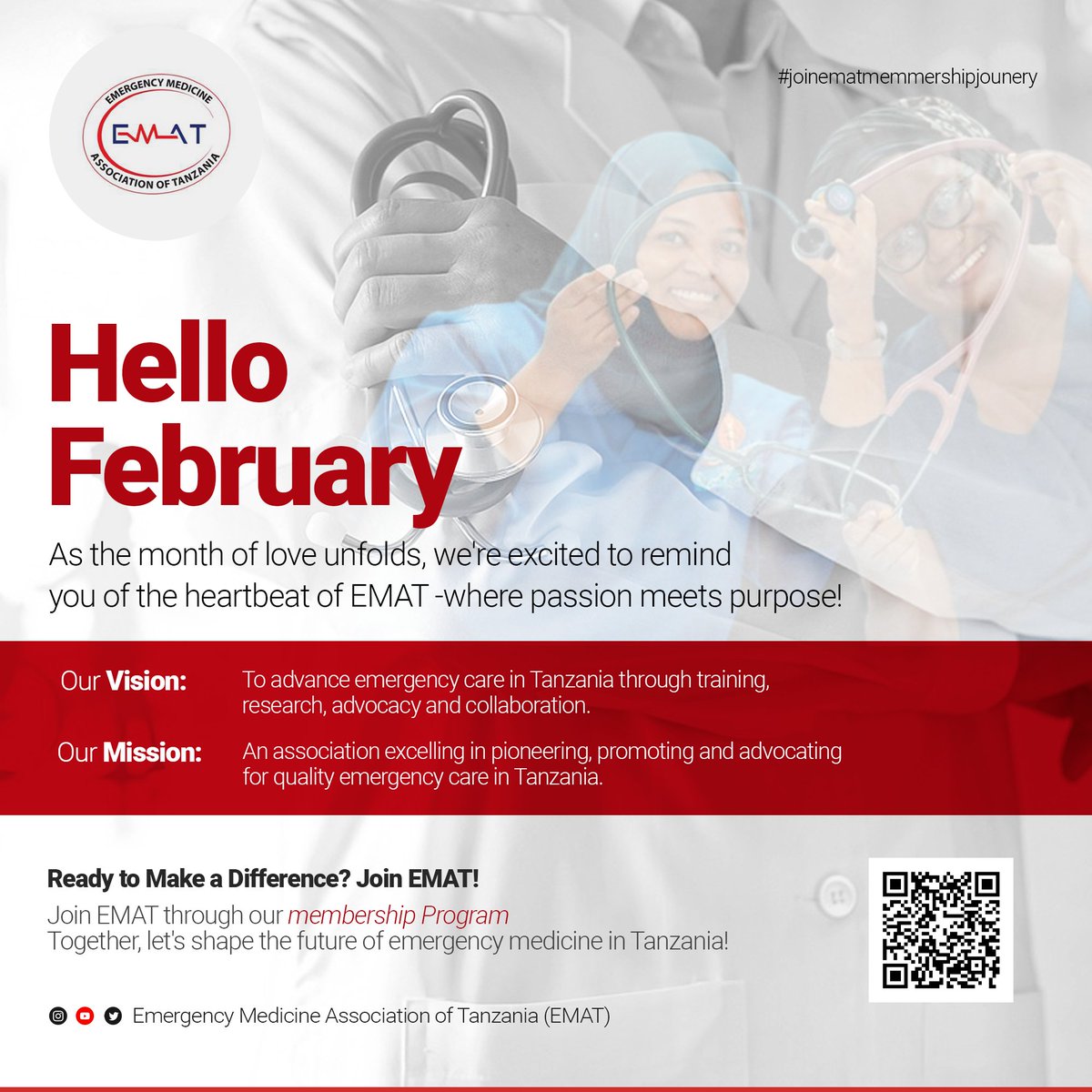 Hello it's February As the month of love unfolds, we are excited to remind you of the heart beat of EMAT where passion meets purpose Are you Ready to make a difference? Join  EMAT through our membership program. Together let's shape the future of emergency Medicine in Tanzania.