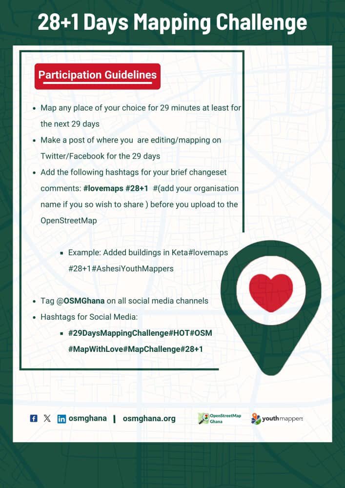 OSMGhana's tweet photo. #MapWithLove 29 minutes a day for 29 days starts today π
Kindly review the guidelines for mapping below.
#28plus1 #29DaysMappingChallenge
#HOT #OSM https://t.co/ipSBUCVEOa