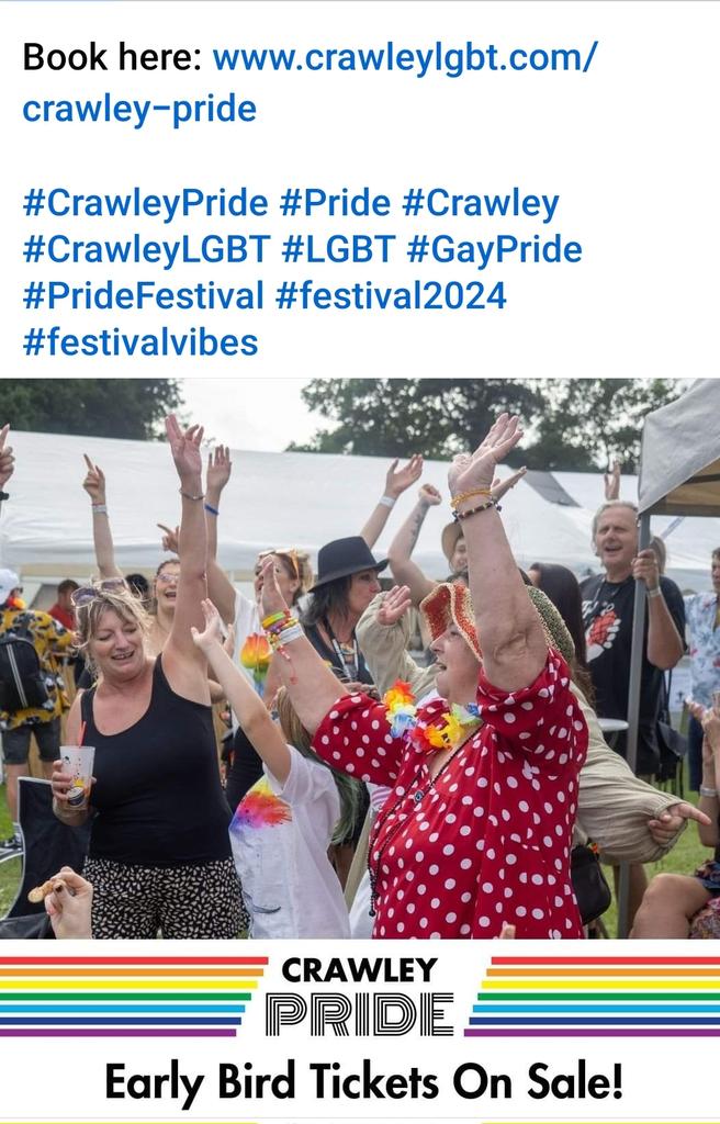 ITS HERE!!!!
#CrawleyPride24 
Early bird tickets get them while you can they go really quickly #CrawleyLGBT