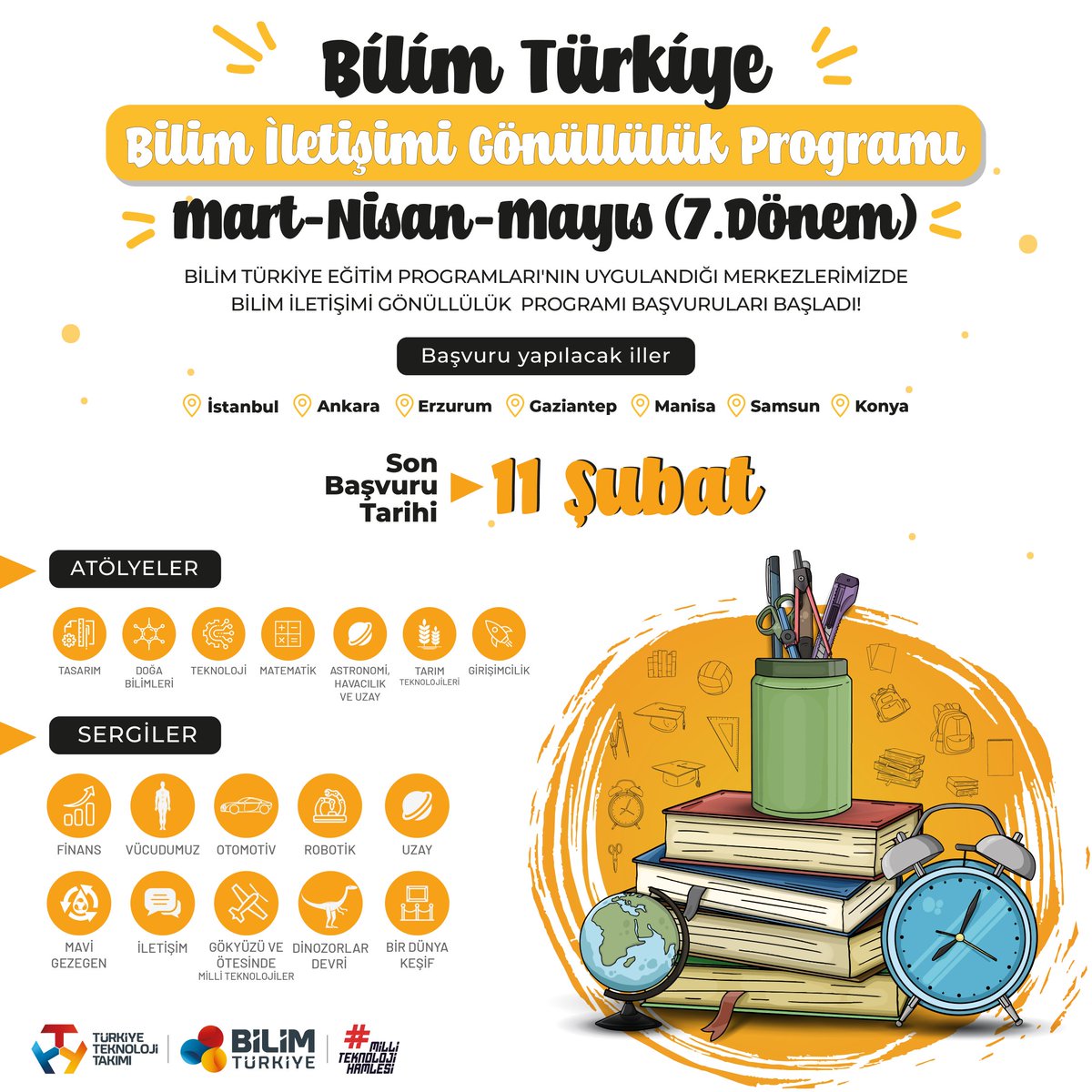 t3bilimtr's tweet photo. Bilim Türkiye “Bilim İletişimi Gönüllülük Programı” başvuruları başladı!📣

7️⃣ şehir
1️⃣2️⃣ merkez
7️⃣ atölye teması
1️⃣0️⃣ sergi teması
Planetaryum alanları

Bu alanlarda deneyim kazanmak isteyen tüm gönüllülerimizi bekliyoruz.

📆Son Başvuru: 11 Şubat

👉Ayrıntılı Bilgi ve Kayıt: https://t.co/KH7fYKyptb