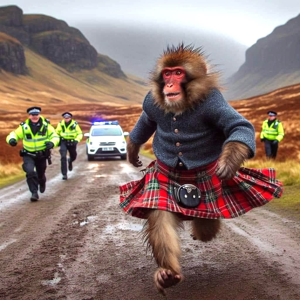 ScottishJAKay's tweet photo. 1.2.24
#MonkeyRun  
KONG CAPTURED!
A Police Spokesman for rural wildlife said, "He has been living on nuts, seed from bird feeders and drink left out by the locals. He had blended in with them was very hard to find. He has made a right monkey of us but that is nothing unusual!" https://t.co/EOPh6gZaWh