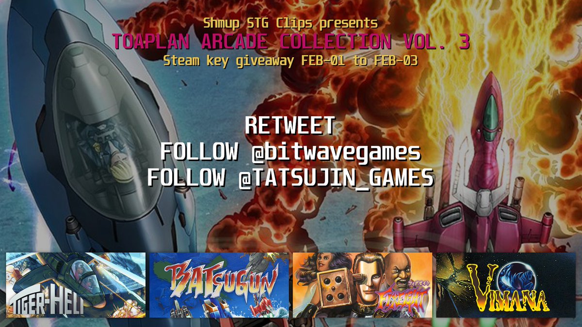 shmupdb's tweet image. Toaplan Arcade STG Collection Vol. 3 has released on Steam! Here is your chance to win the entire volume from FEB-01 to FEB-03! Two winners will be chosen!

▶️Retweet
▶️Follow @bitwavegames
▶️Follow @TATSUJIN_Games 

Can you tell us what was your first experience with Toaplan?