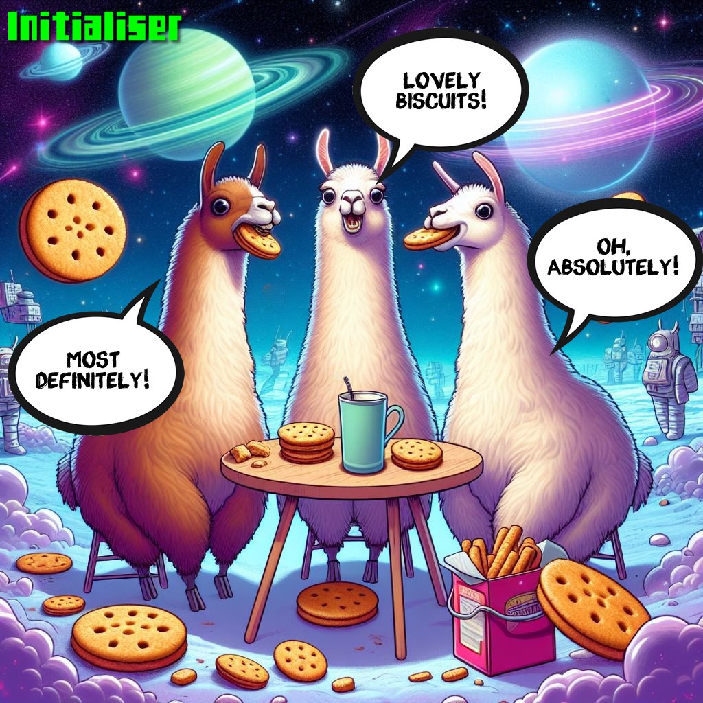 Initialiser's tweet photo. 🎨🦙 Artist's impression of the metagalactic llamas enjoying digestive biscuits at the edge of time: a masterpiece that blends cosmic sophistication with biscuity whimsy. 🌌🍪 #Gaming #Videogames #Retrogames #Retrogaming #GamingNews  #Indiegames #Indiedev #Gamedev https://t.co/3fZQenrLl6
