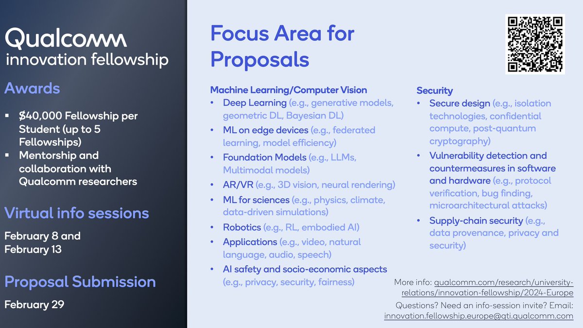 Amir Habibian (@amir_habibian) on Twitter photo Five fellowships (each 40,000$) available for PhD students in European universities.
More info:
qualcomm.com/research/unive…
DM if have any question. Five fellowships (each 40,000$) available for PhD students in European universities.
More info:
qualcomm.com/research/unive…
DM if have any question.
