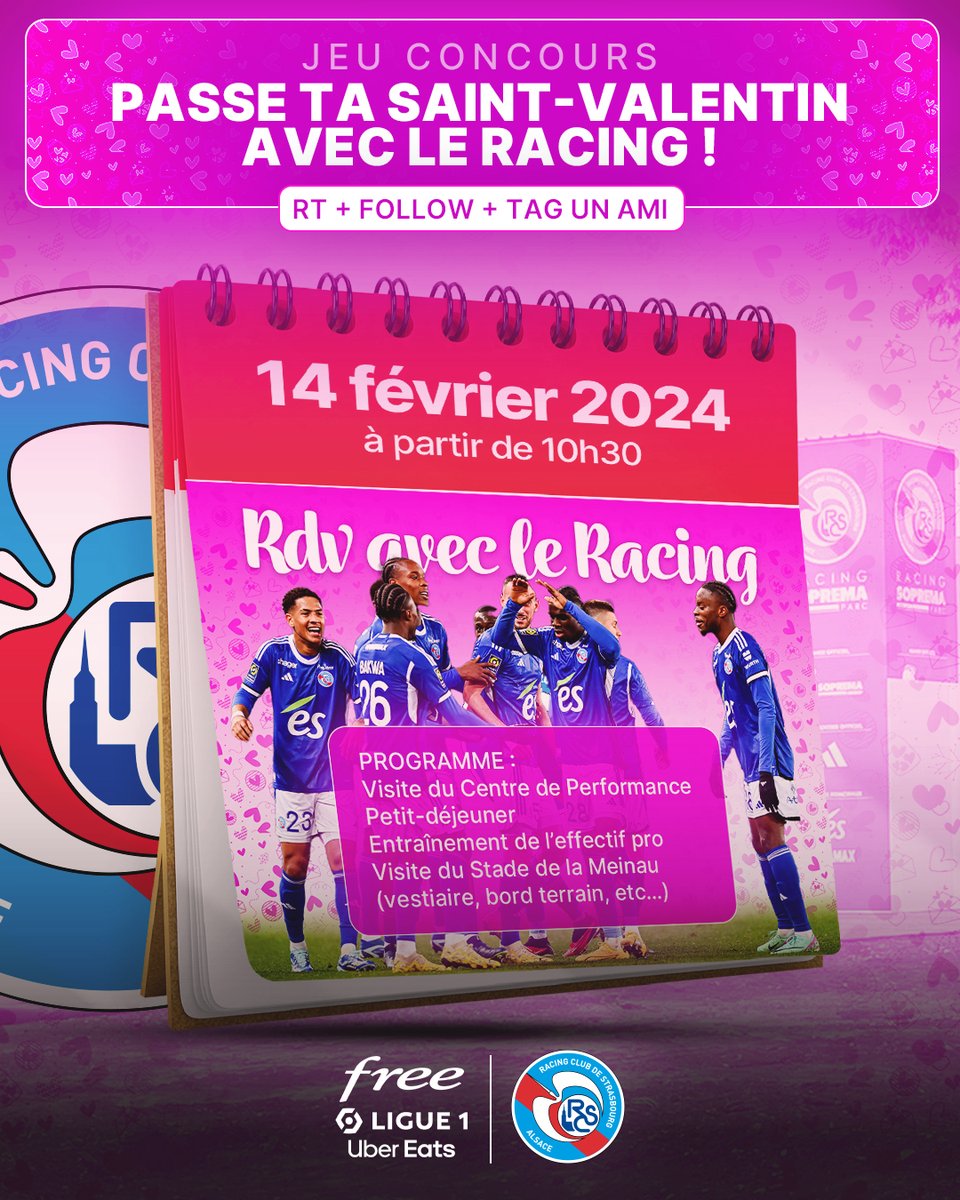 FreeFoot's tweet photo. #JeuConcours 🎁

Supporters du @RCSA, préparez-vous à une Saint-Valentin pas comme les autres : 5 couples sont invités le 14 février prochain au Racing Soprema Parc et rencontrerons les joueurs 💙 #RCSA

Pour participer :
➡️ RT + Follow @FreeLigue1
➡️ Tag ton/ta partenaire https://t.co/Y0vnUbR9yO
