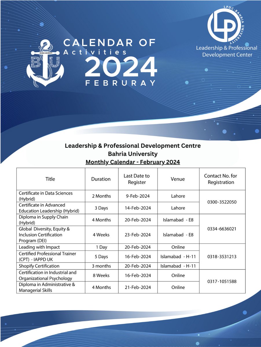 Dive into a month of growth and learning! Check out our monthly training calendar, packed with empowering trainings, certifications and opportunities to level up. Let the learning journey begin! #TrainingCalendar #lpdcbahria #LPDC #ProfessionalDevelopment