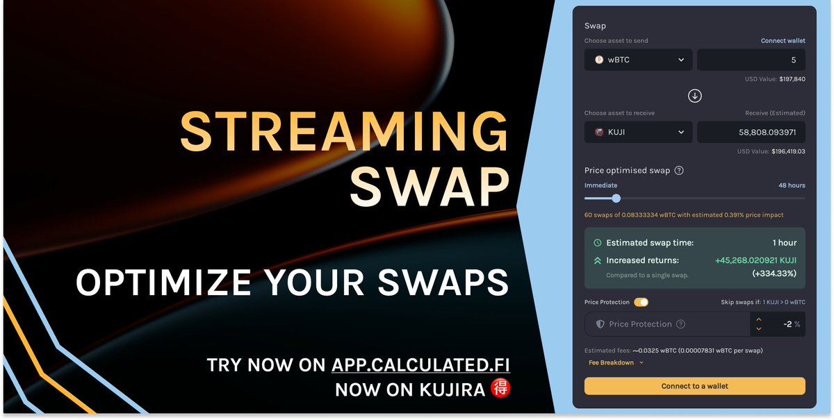 Streaming Swap is now available on <a href="/TeamKujira/">teamkujira</a> 🉐

We're super excited to introduce Streaming Swap! From now on, everyone can make more efficient trades!

Streaming Swap, aka Price Optimized Swap, can save users money &amp; time, compared to market swaps 🤑⌛️

🧵👇

Try Streaming