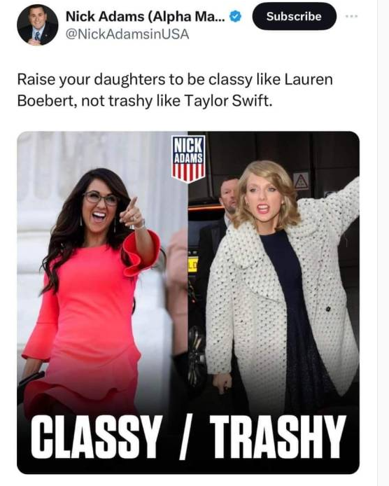 Gemintheruff1's tweet image. Ahh #magacult sure are worked up over #TaylorSwift. Good. She is definitely doing something right and I tip my hat to her. #NickAdams is a train wreck who puts ALPHA MALE on his profile. Lmao. To think #LaurenBoebertIsSoDumb can hold a candle to #TaylorSwift 🤣