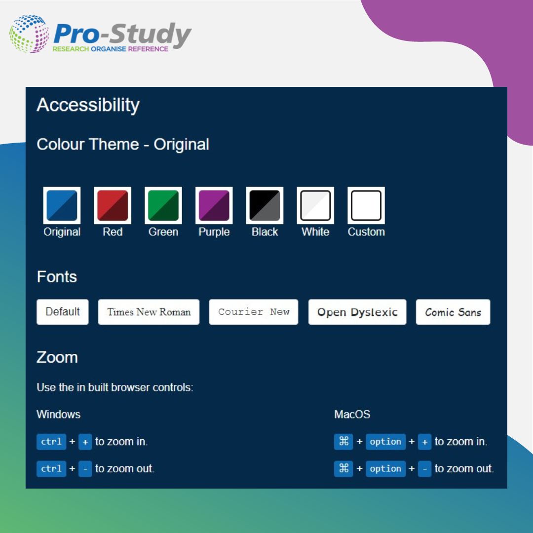 Pro-Study was built with accessibility in mind for all users, so did you know you can change the colour theme and fonts within Pro-Study? If you want to discover more about Pro-Study, book a 1-2-1 with Sam: zurl.co/rCdV #EdTech #ResearchTool #ATForStudents #ATIA2024