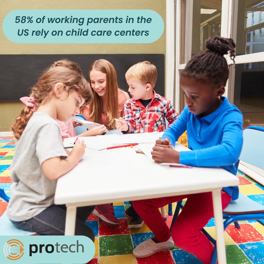 🌟 58% of US working parents rely on childcare centers. Timely child support and affordable child care are crucial. Protech backs them up with effective CSE Technology. 💙👨‍👩‍👧‍👦 #ProtechSupportsFamilies #ChildCareMatters