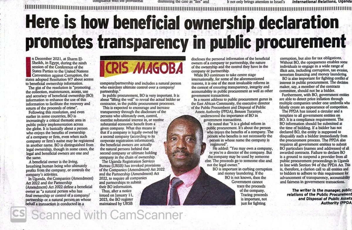 In the press👇 @PPDAUganda's Manager Corporate & Public Affairs, @cmagoba explains the critical issue of declaration of Beneficial Ownership (BO). 👏 @newvisionwire #ProcurementThatDelivers