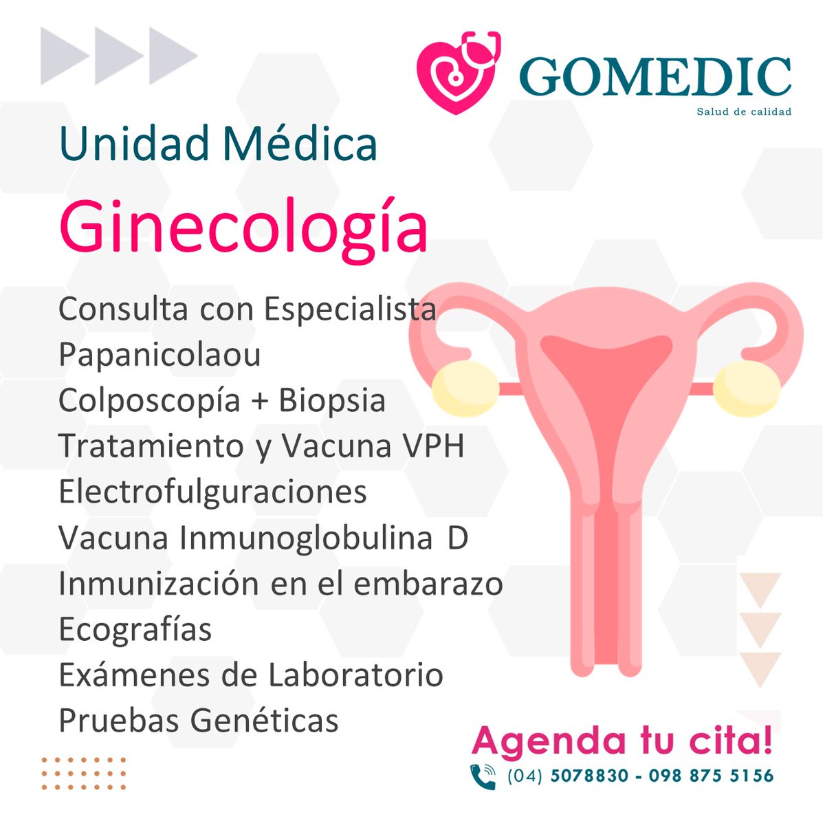 GOMEDIC_EC's tweet photo. Cuida tu salud femenina previo, durante y post embarazo en GOMEDIC con médicos especialistas en la nueva unidad de Ginecología. 

Más información contáctanos al 098 875 5156

#Ginecologia #Guayaquil #Colposcopia #Ecografia #Laboratorio #Papanicolaou #Vacunas #Embarazo #Mujer https://t.co/ZbcyqEwD7J