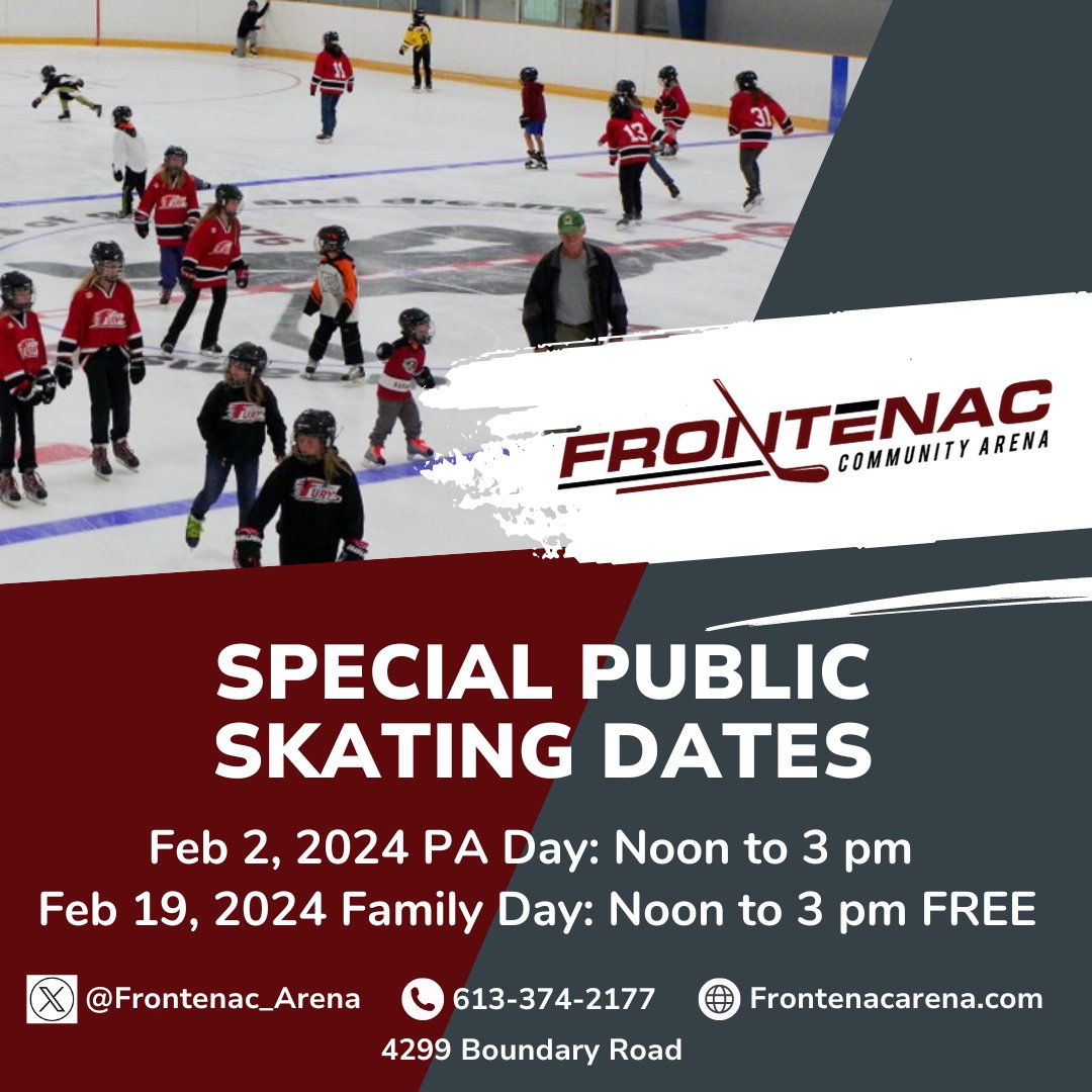 SthFrontenacTwp's tweet photo. Mark these special skates at @Frontenac_Arena on your calendar: PA Day Skate tomorrow, Fri Feb 2 from noon to 3 pm and Mon, Feb 19 from noon to 3 pm FREE as part of our fabulous Family Day in South Frontenac activities ⛸️ https://t.co/htiTTkFbt3