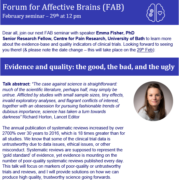 📢 Can you identify untrustworthy trials or reviews? 🤔Learn more about trial evidence + quality in our next FAB seminar with @EmmaFisher1 from University of Bath! DM me for the link to join the seminar - see you on the 29th!🧠 @sirileknes @Psykologiskinst #FABseminarseries