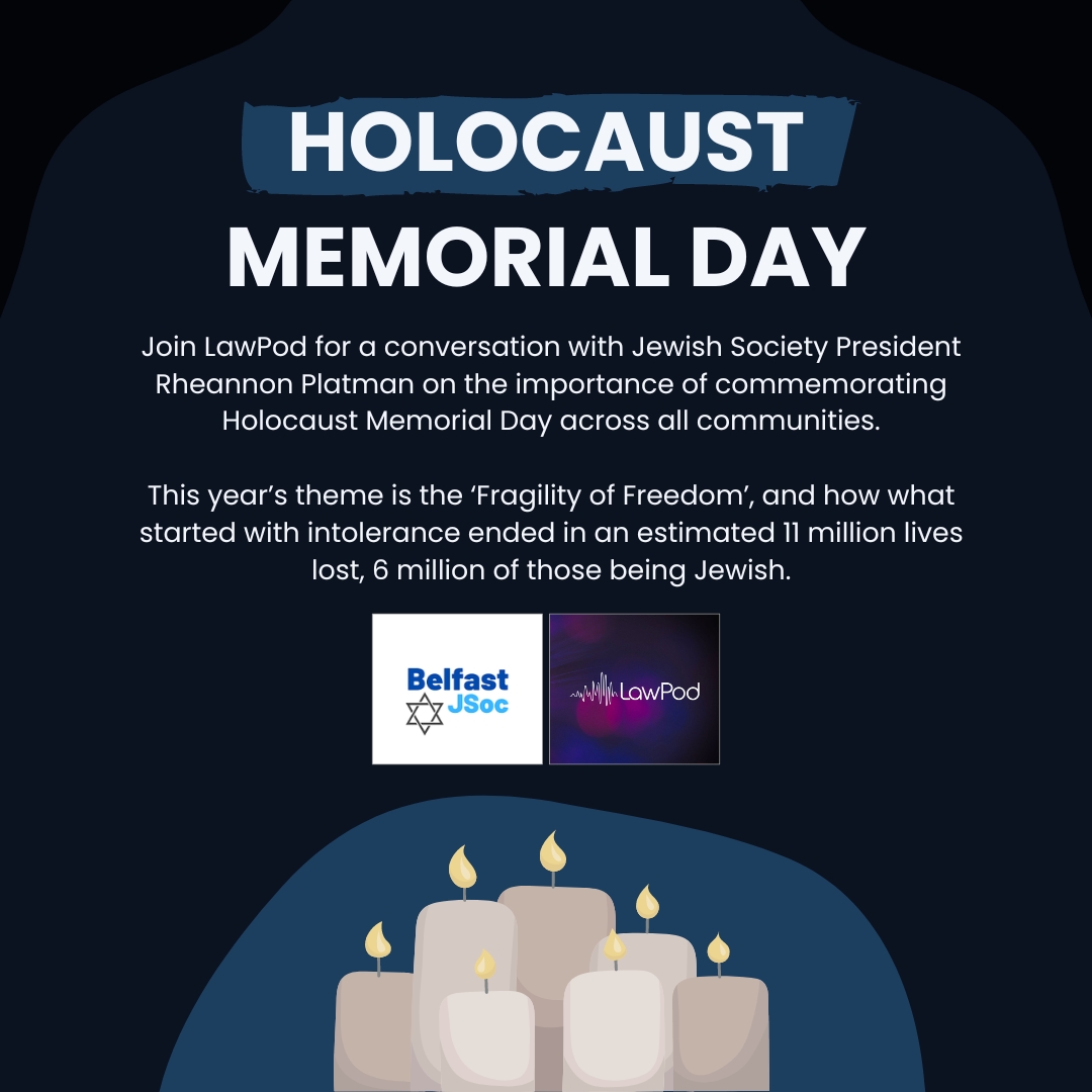 qublawpod's tweet photo. LawPod sits down with Belfast Jewish Society President Rheannon to discuss the importance of Holocaust Memorial Day and the relevance of this year's theme 'Fragility of Freedom'   
https://t.co/XqZ128l0xS 

#holocaustmemorialday2024 #fragilityoffreedom #neveragain https://t.co/HuT3eNVcIZ