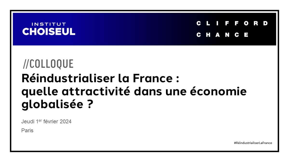 🔴 Début de notre colloque « #RéindustrialiserLaFrance : quelle attractivité dans une économie globalisée ? »

Au programme, 2 panels sur l’#attractivité 🇫🇷 et la sécurité des #investissements🔎avec des invités d’exception !

Co-organisé avec @CliffordC_FR 
Et thread ici ⤵️