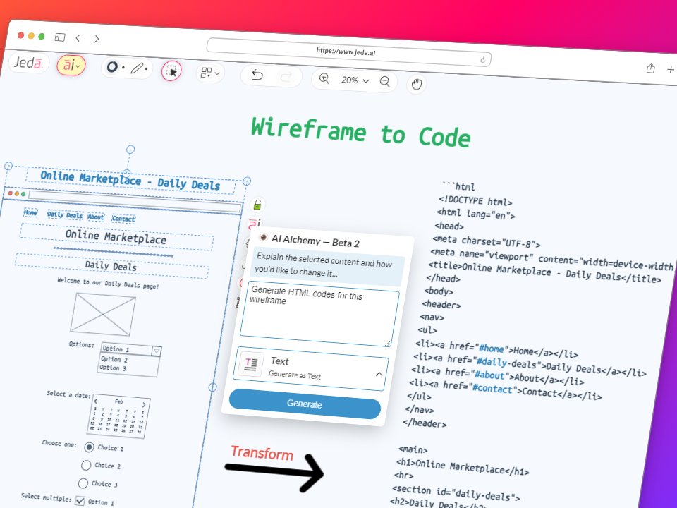 goJedaAi's tweet photo. #PromptOfTheDay 🪄 Select your wireframe, chose Text as Alchemy output with the prompt - "Generate HTML codes for this wireframe."

👉 Try now at https://t.co/ZkoHMvmSMs

#JedaAI #ChatGPT #GPT4 #GenerativeAI #VisualPrompt #AI #WireframetoCode #Transformation #Alchemy #Programming https://t.co/dneGMCFgAy