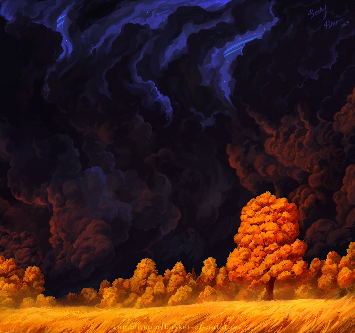 I love blue. So even if i draw a picture, which i want to paint with only grey and different shades of orange and red, in the final i'll add almost a half of the current canvas and paint it with blue :D #landscape #forest #clouds #storm #nature #trees #sunset #art #digitalart