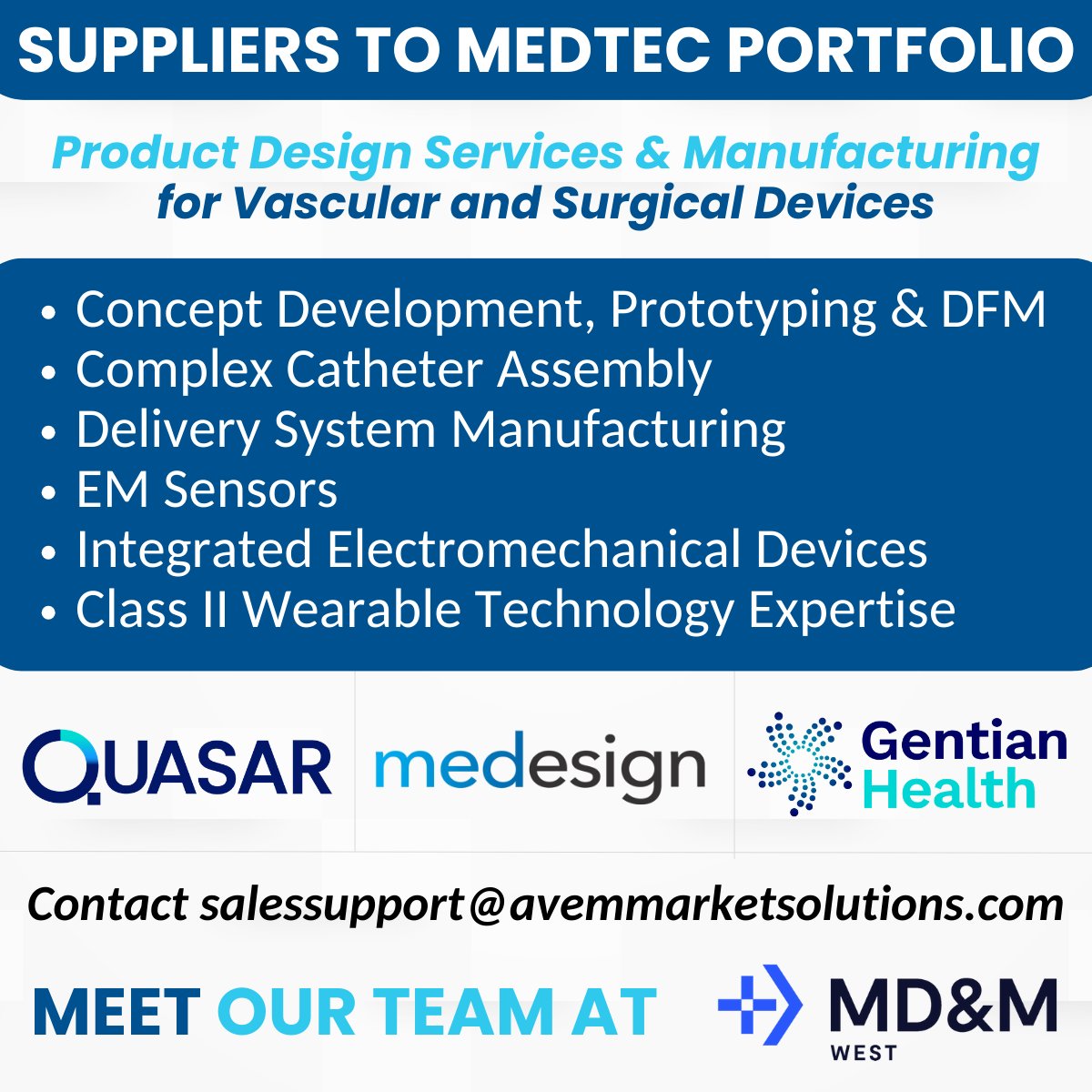 Avemmedtecsales's tweet image. We're excited to be in attendance alongside our portfolio of 'Suppliers to Medtec' at MD&amp;amp;M West next week!

Discover more about cutting-edge advancements in Product Design Services &amp;amp; Manufacturing for Vascular and Surgical Devices.

#MedTech #MDMWest #MedicalDevices